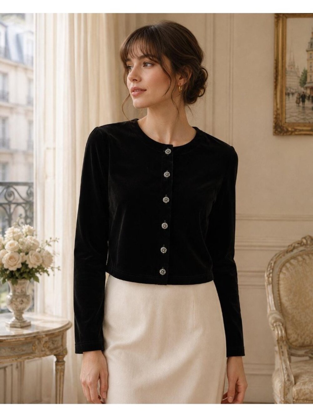 Vintage Jessica Howard Black Velvet Cardigan Size 10 Rhinestone Button Cropped
